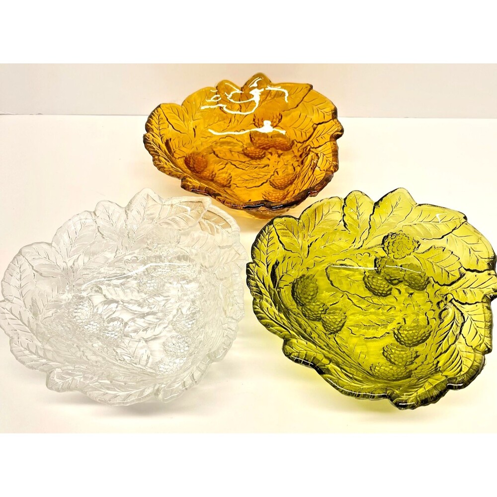 Vintage Mid Century Indiana Glass Loganberry Bowls Set of 3-Amber, Green & Clear